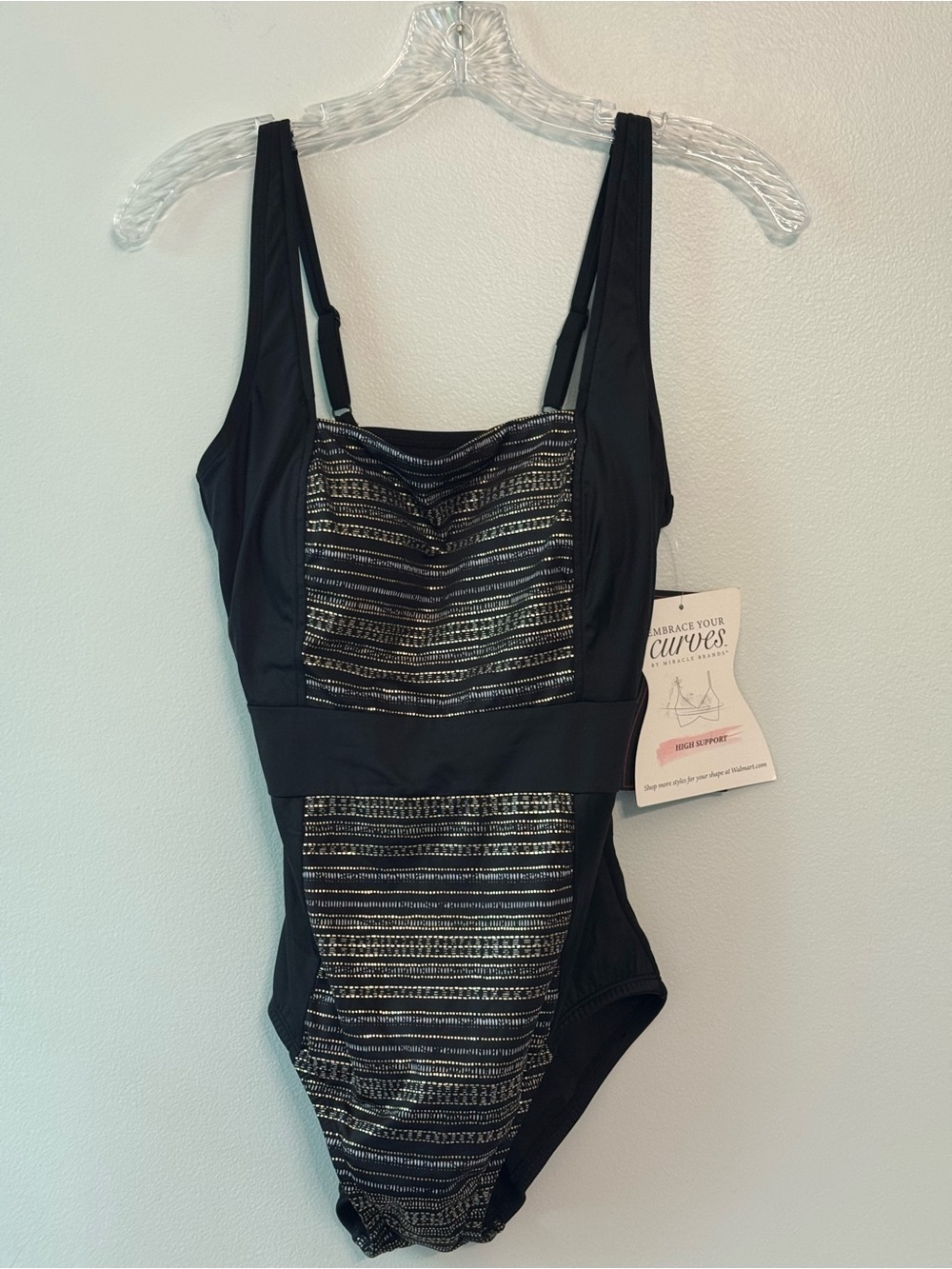 Black One-Piece Swimsuit with Metallic Stripe Accents